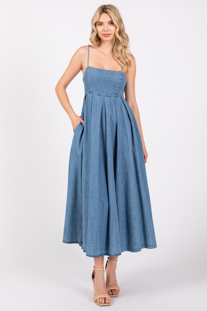 blue back tie straight neck maternity midi dress