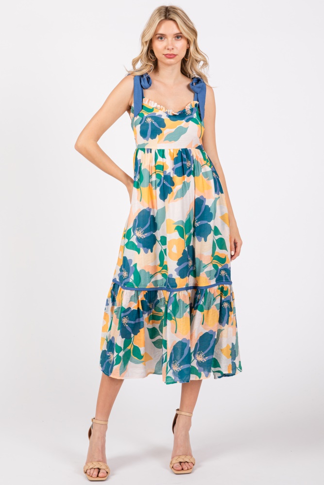 blue floral shoulder strap midi dress