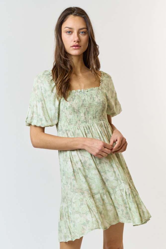 light olive floral smocked square neck dress