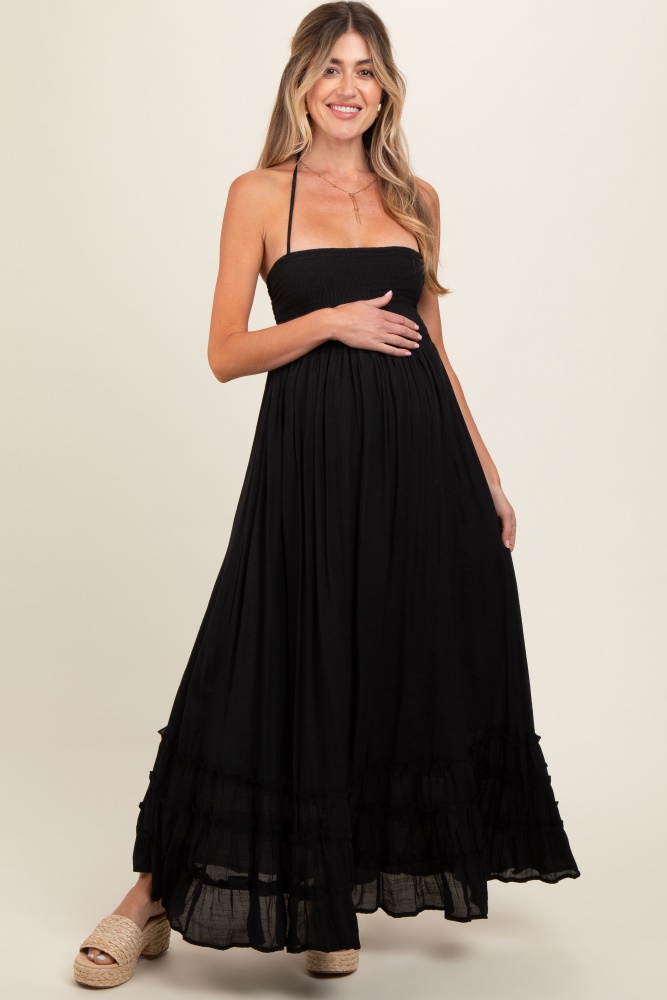 black smocked halter cutout maternity maxi dress