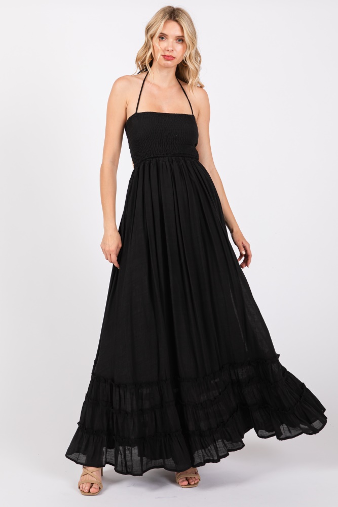 black smocked halter cutout maxi dress