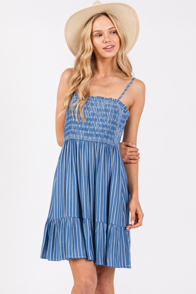 blue striped ruffle trim dress