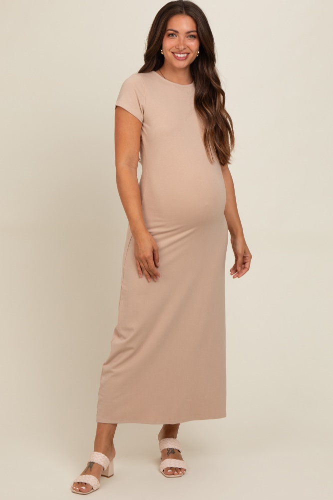 taupe short sleeve maternity midi t-shirt dress