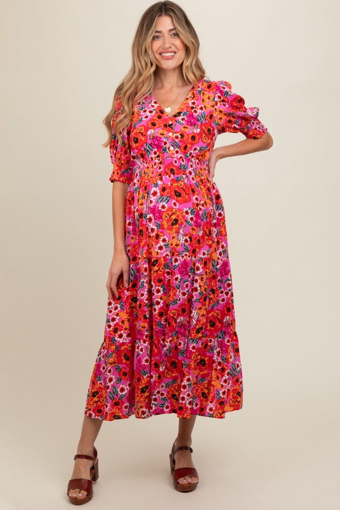 fuchsia floral button front smocked waist tiered maternity midi dress