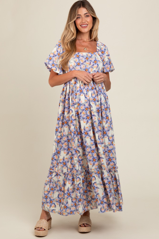 blue floral ruffle accent maternity maxi dress