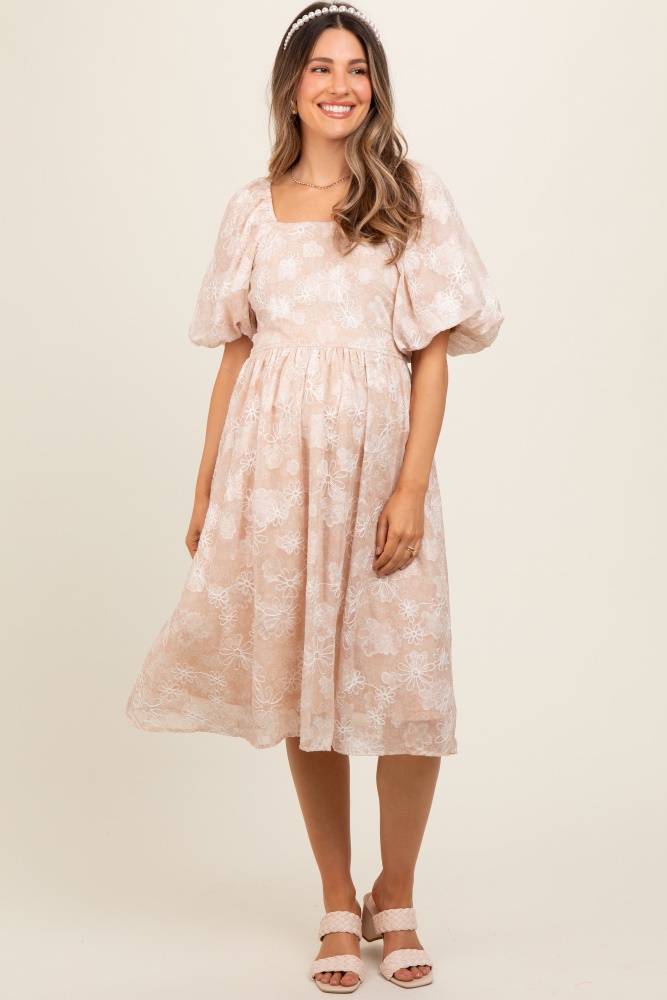 beige floral embroidered short puff sleeve maternity dress