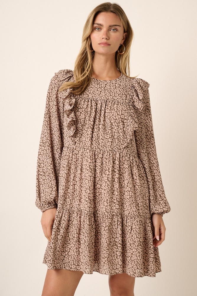 blush animal print ruffle detail mini dress