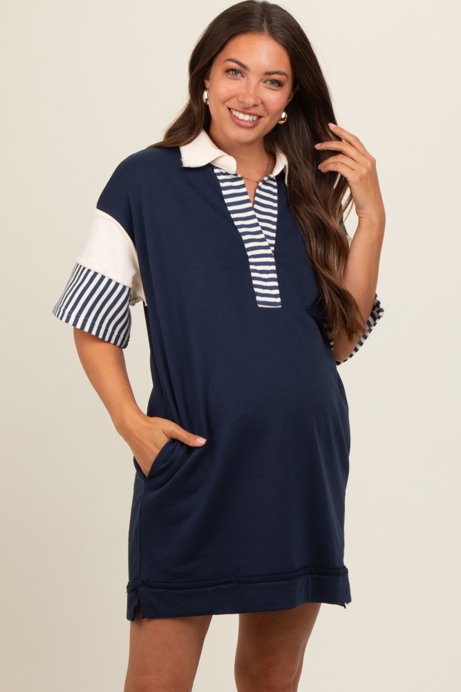 navy blue striped color block collared terry maternity dress