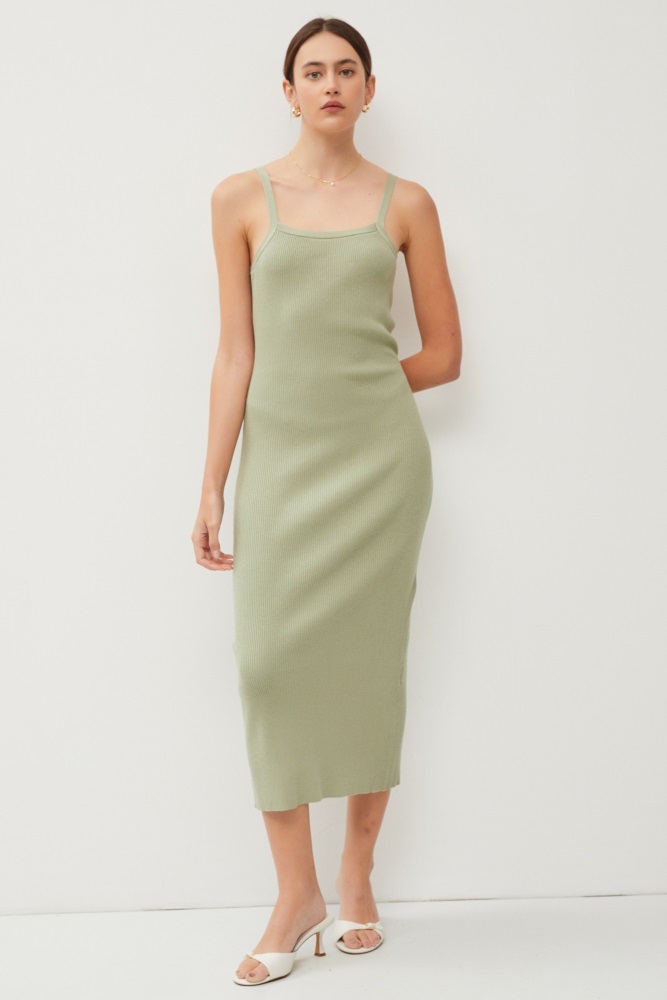 light olive knit open tie back midi dress