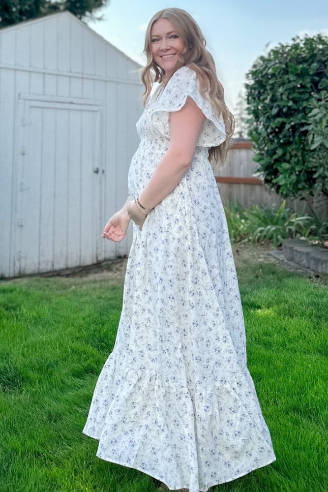 Ivory Floral Smocked Crochet Trim Maternity Dress Ivory Floral Smocked Crochet Trim Maternity Dress