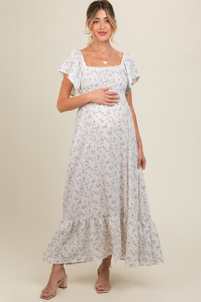 ivory floral smocked crochet trim maternity dress