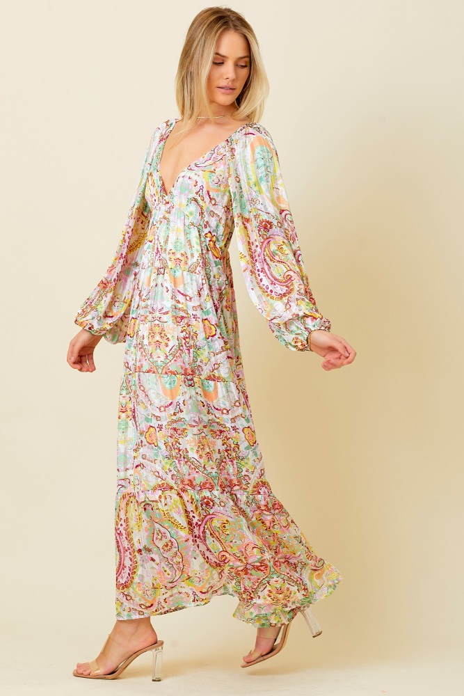 multi-color floral metallic striped tiered long puff sleeve maxi dress