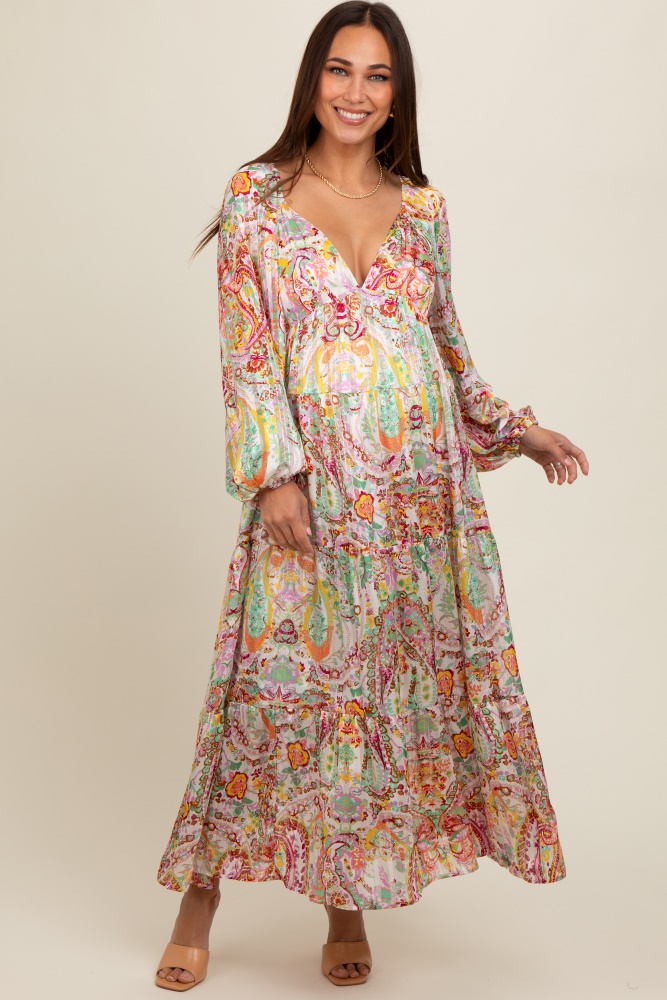 multi-color floral metallic striped tiered long puff sleeve maternity maxi dress