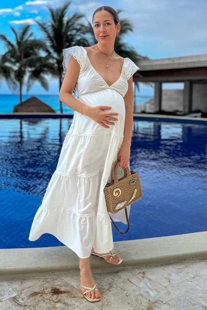 White Ruffle Trim Maternity Maxi Dress  PinkBlush