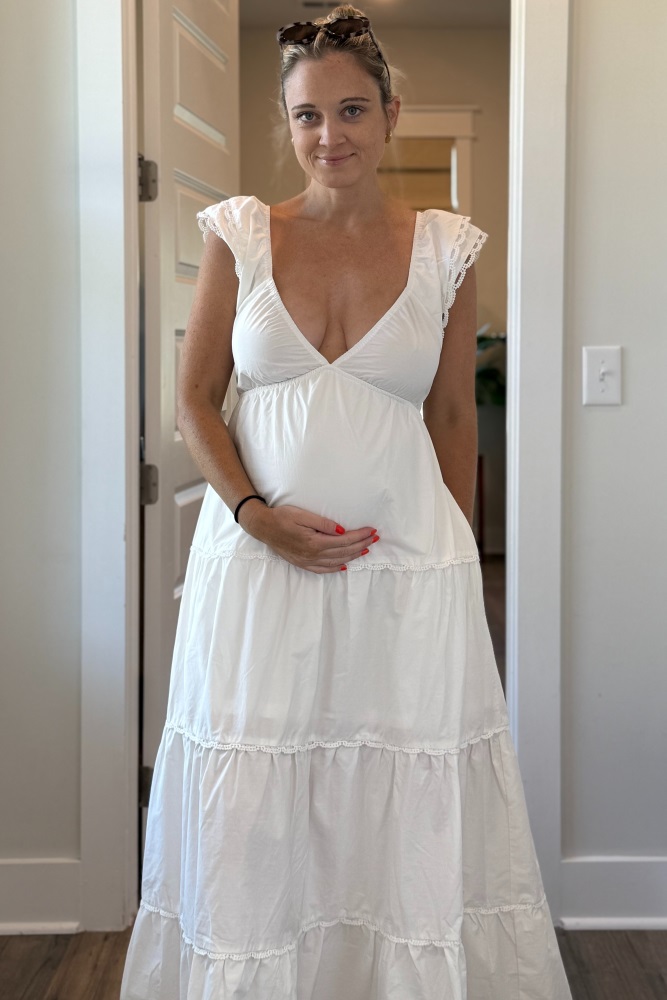 open lace back dress PinkBlush White Floral Puff Sleeve Maternity Maxi Dress at Amazon Women's  Clothing store