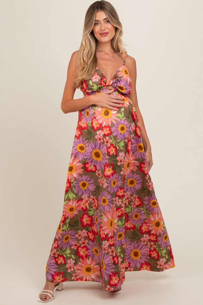 olive floral cutout v-neck maternity maxi dress