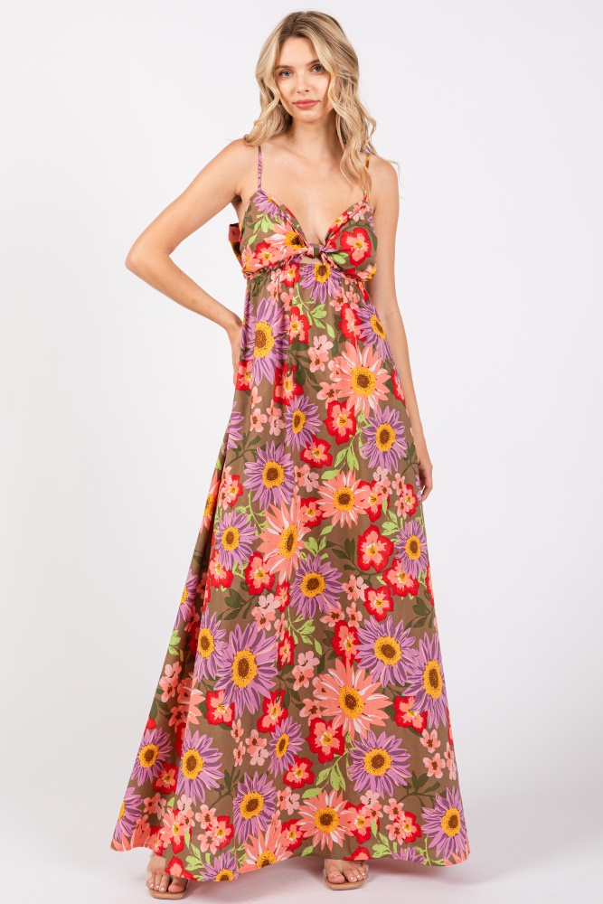 olive floral cutout v-neck maxi dress