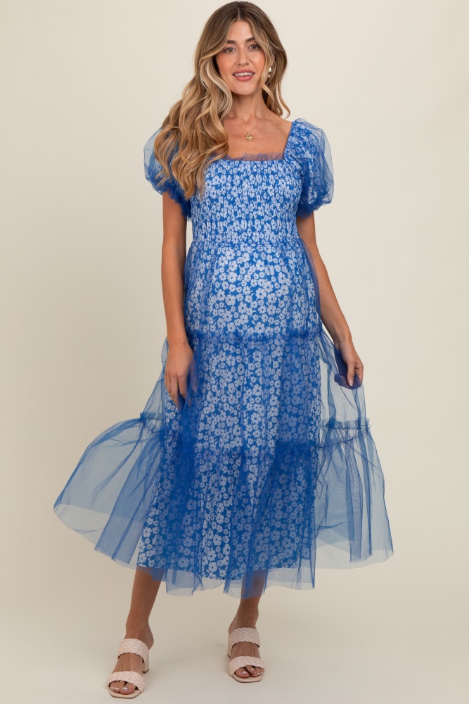 blue floral lined smocked tulle maternity midi dress