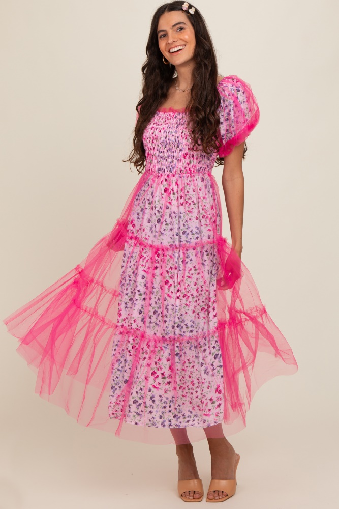 magenta floral lined smocked tulle midi dress