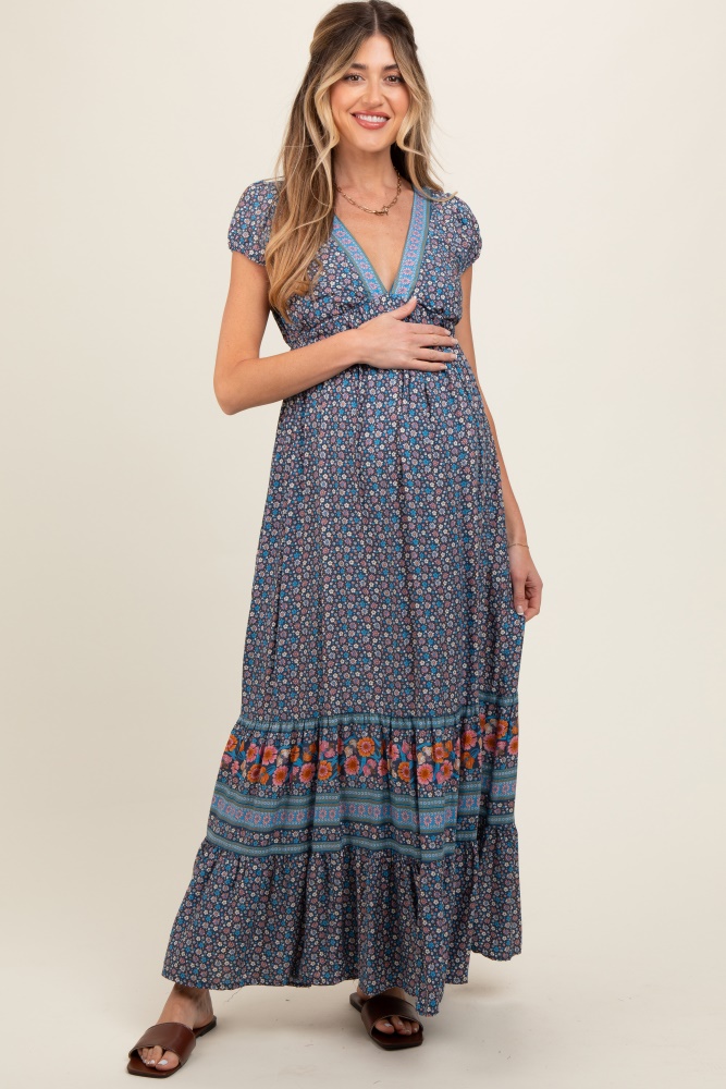 navy blue border print ruffle maternity maxi dress