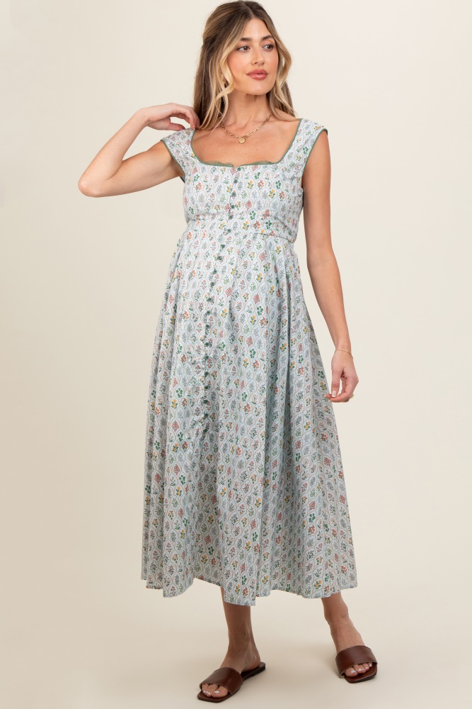 light blue floral button front sleeveless maternity maxi dress