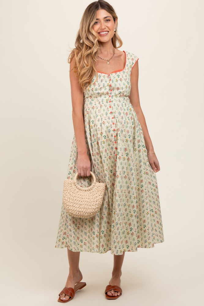 cream floral button front sleeveless maternity maxi dress