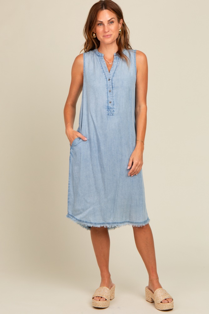 light blue chambray button up fringe sleeveless dress