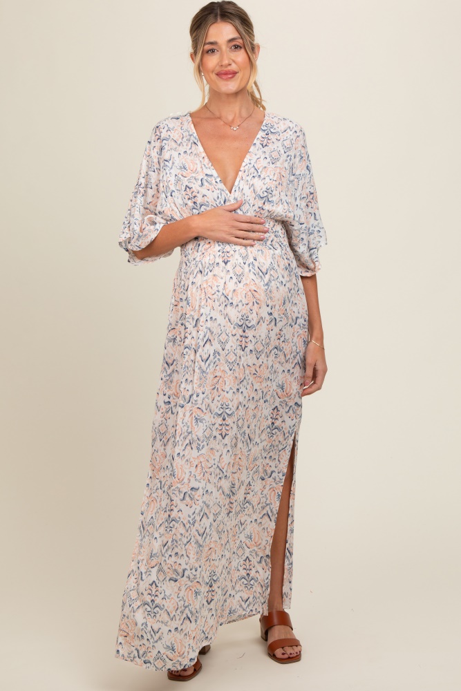 cream v-neck smocked waist short sleeve maternity maxi dress