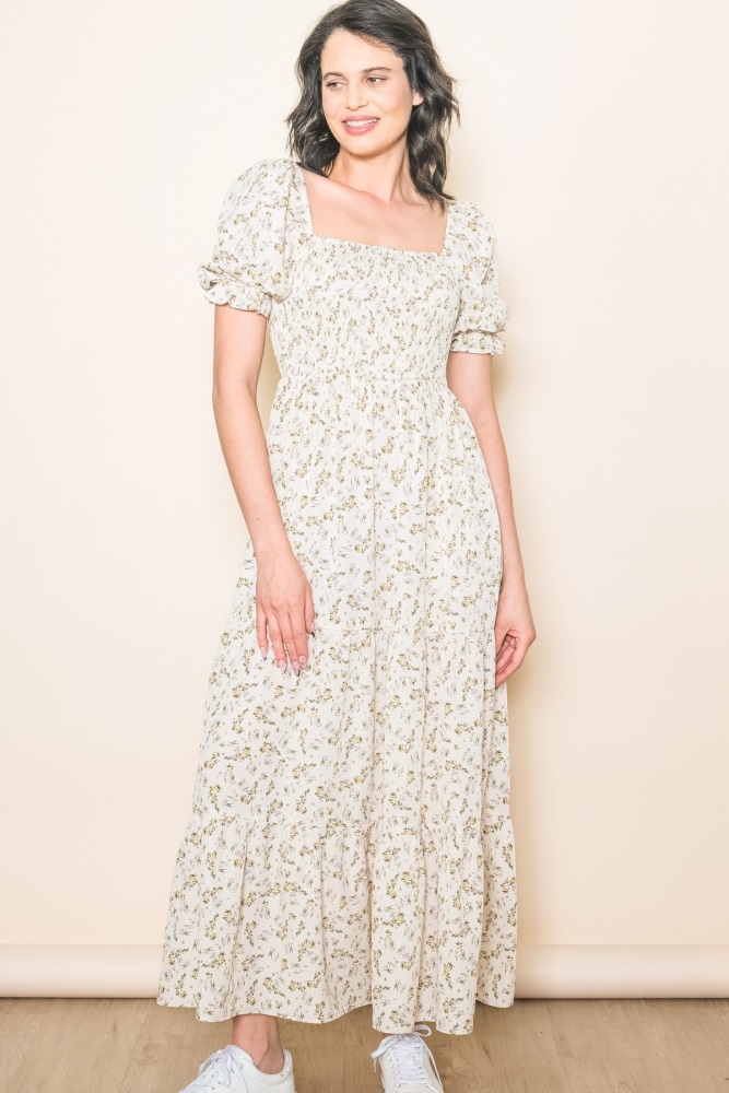 cream floral smocked square neck tiered puff short sleeve maxi dress