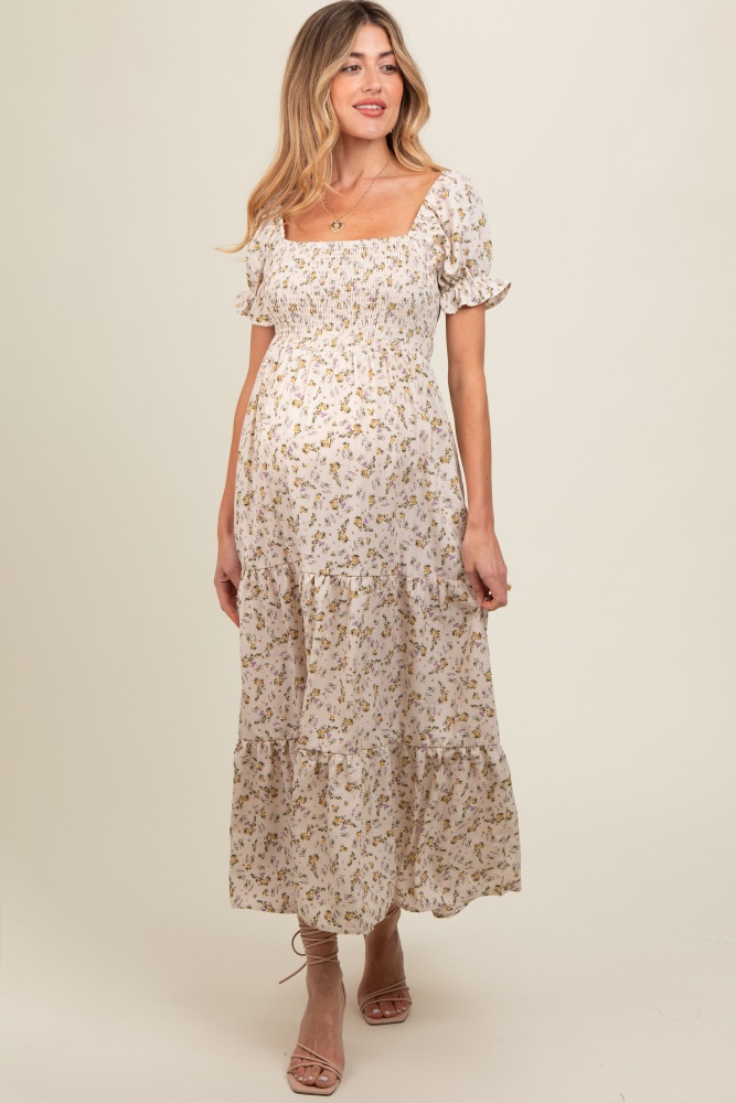 cream floral smocked square neck tiered puff short sleeve maternity maxi dress