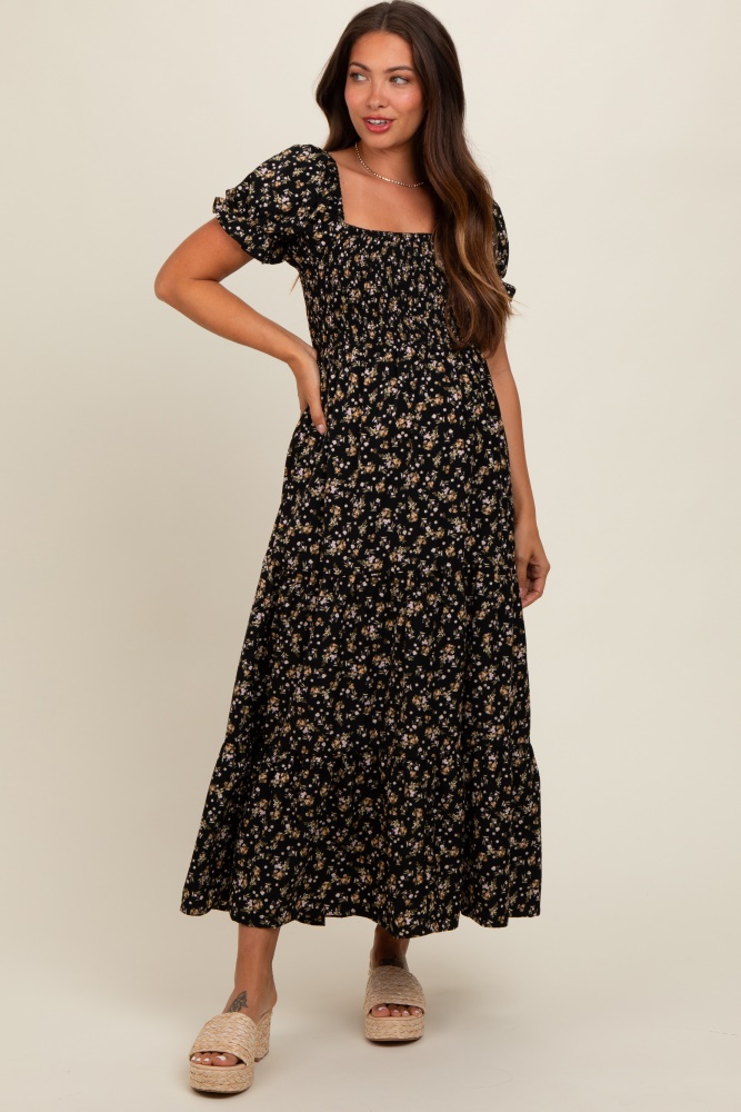 black floral midi maternity dress