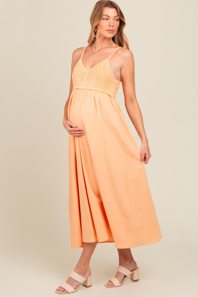 peach v-neck crochet top maternity midi dress