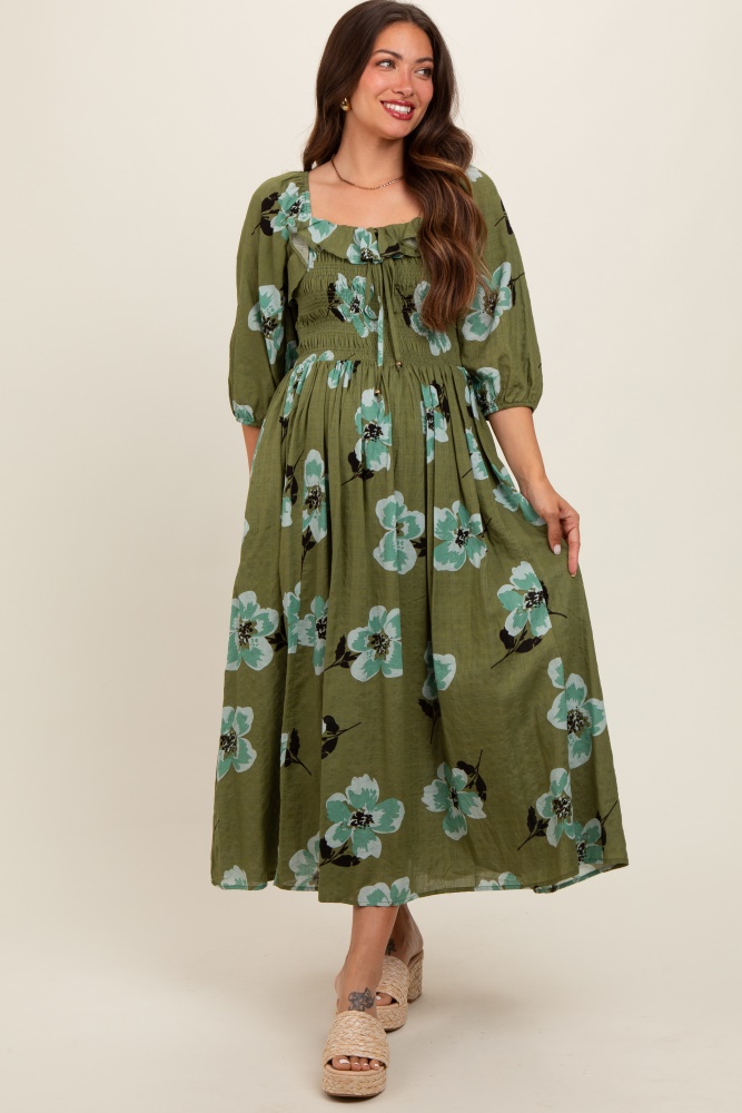 olive floral smocked maternity midi dress