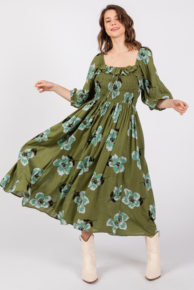 olive floral smocked midi dress