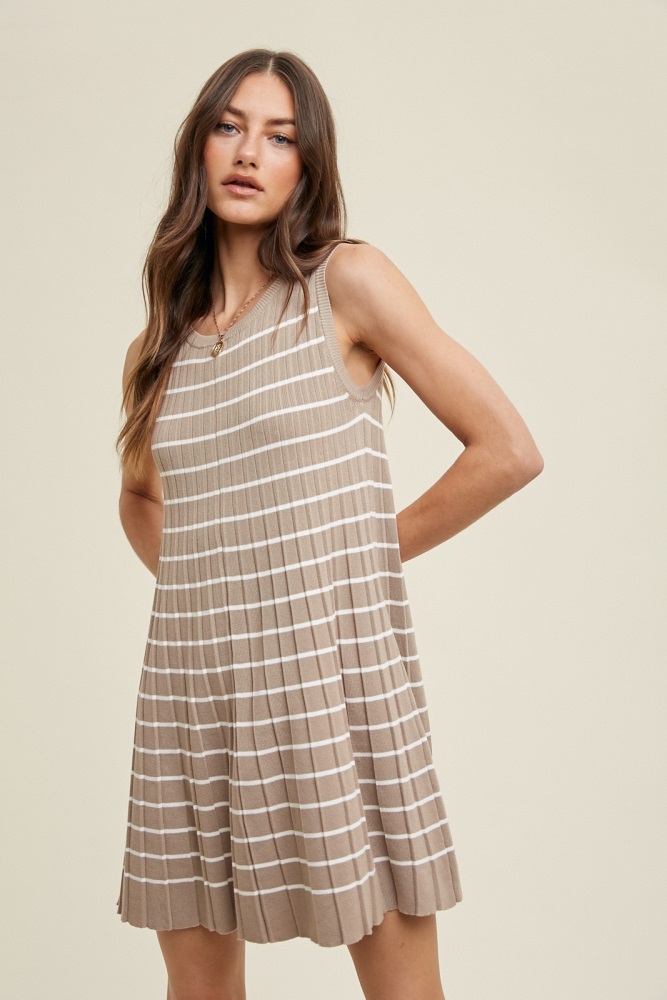 mocha striped pleated dress