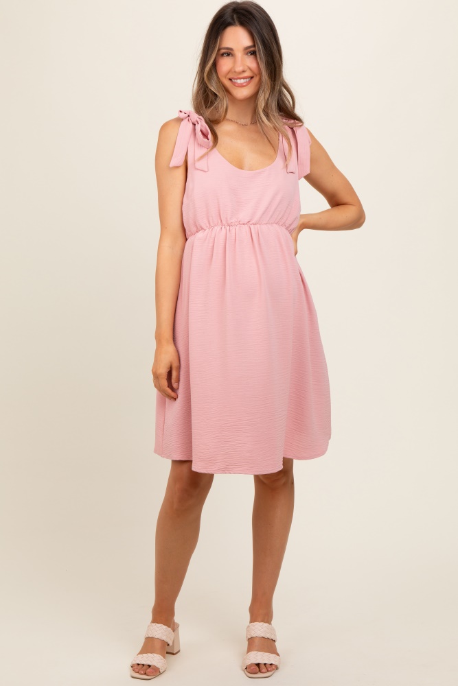 pink solid tie-shoulder scoop neck maternity dress