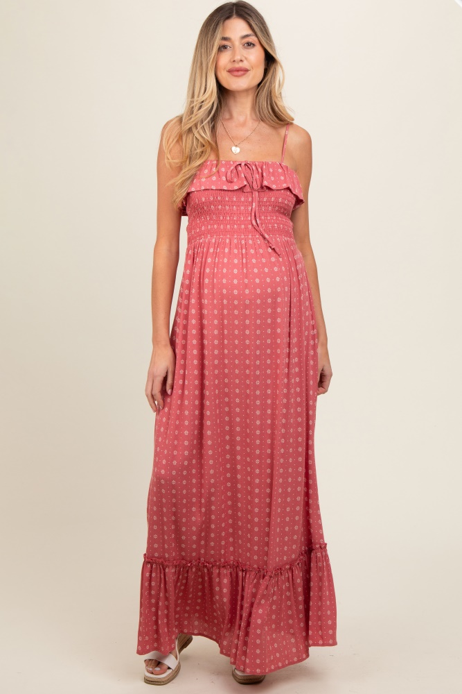 mauve smocked sleeveless floral maternity maxi dress