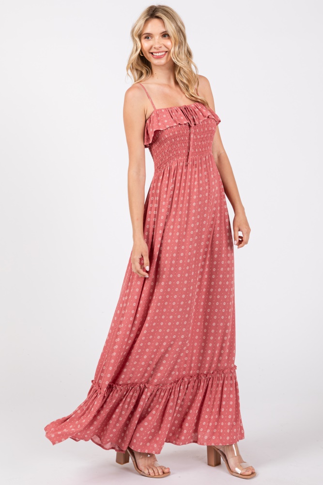 mauve smocked sleeveless floral maxi dress