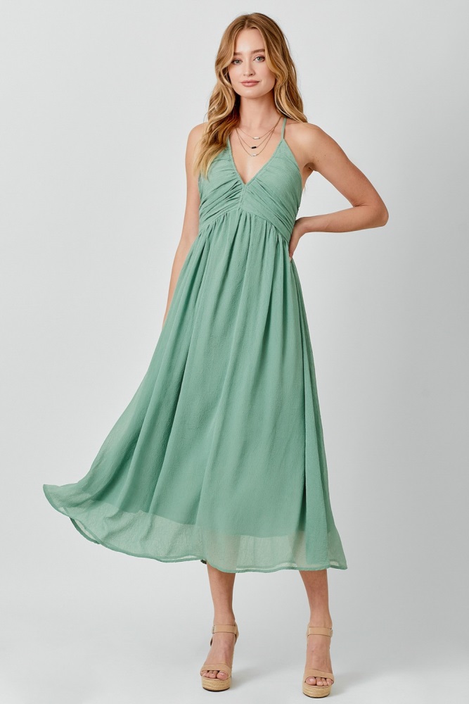 sage ruched v-neck midi dress