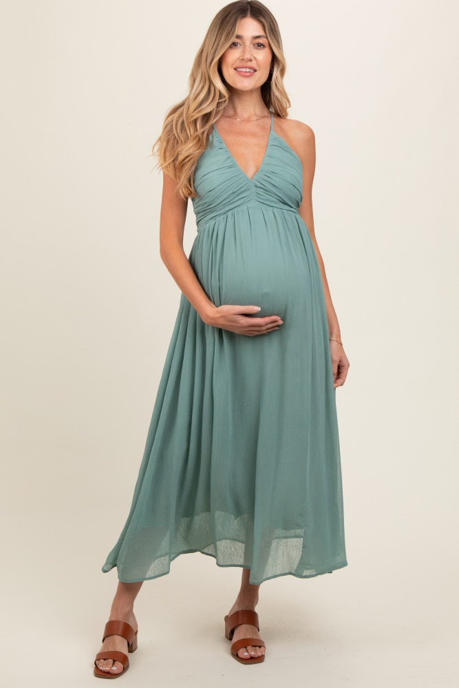 sage ruched v-neck maternity midi dress