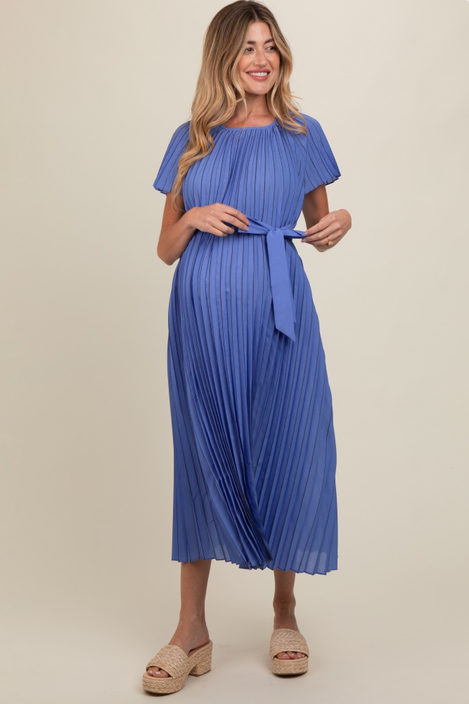 blue pleated sash tie maternity midi dress