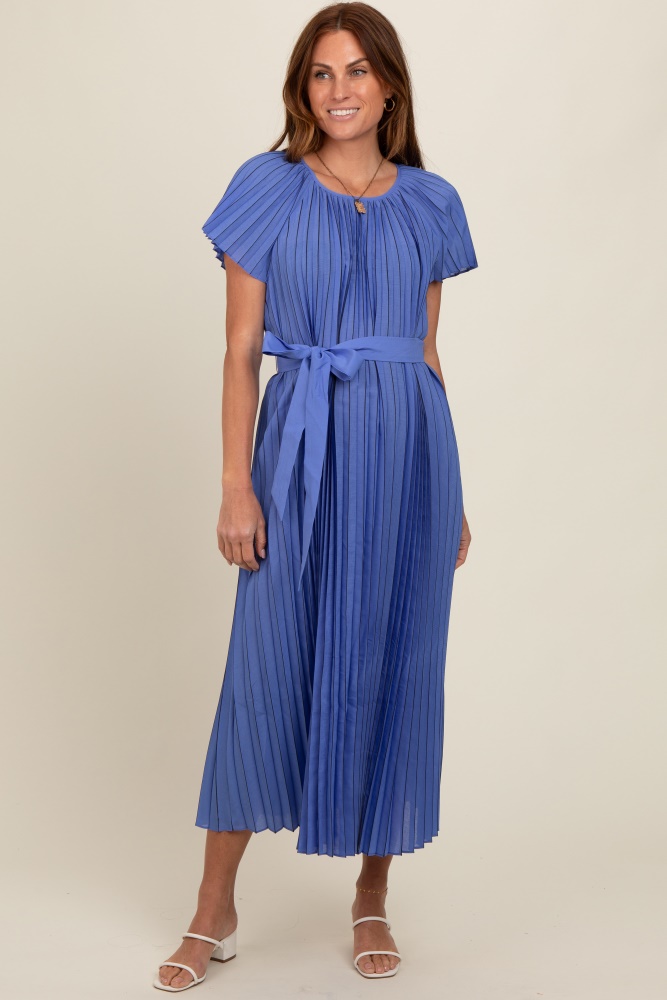 blue pleated sash tie midi dress