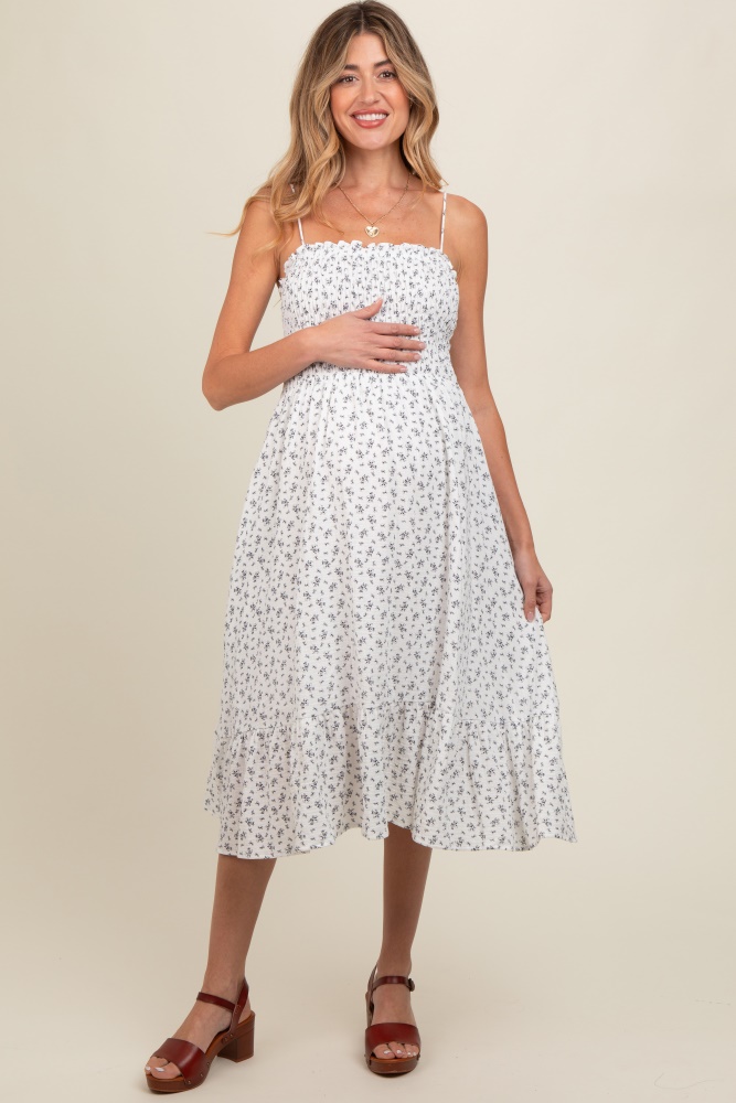 white floral smocked sleeveless maternity midi dress