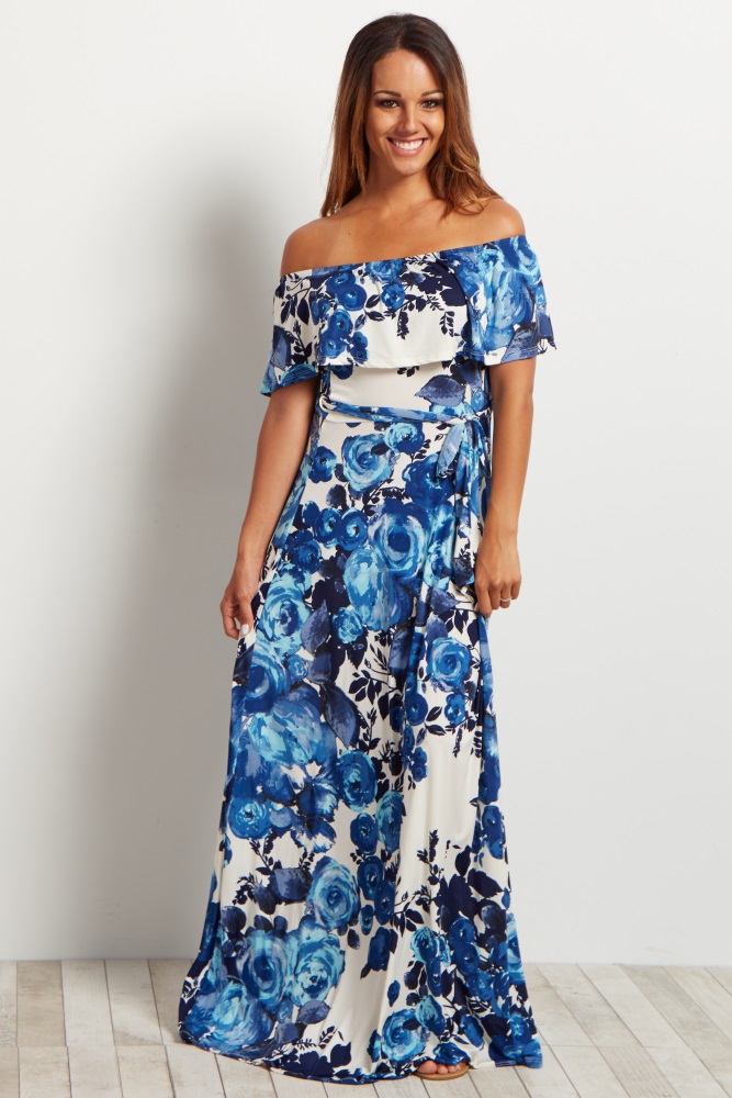 blue floral off the shoulder maxi dress