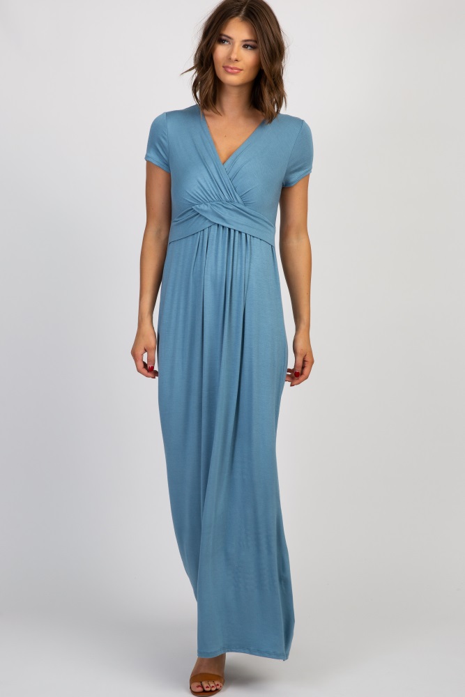 pinkblush blue draped nursing maxi dress