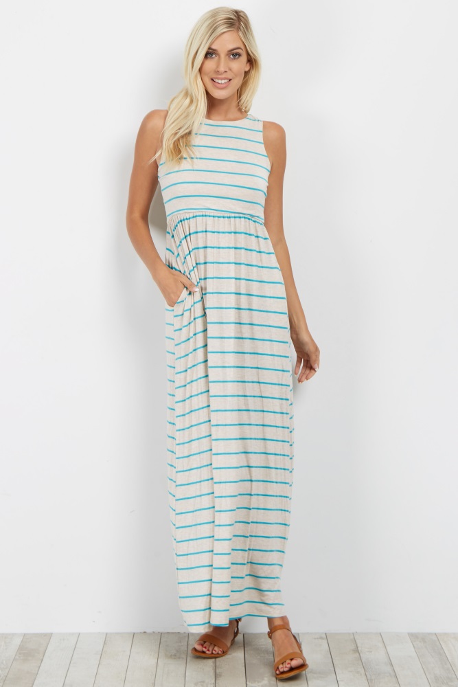 Striped sleeveless maxi dress. Rounded neckline. Top double lined to prevent sheerness.
