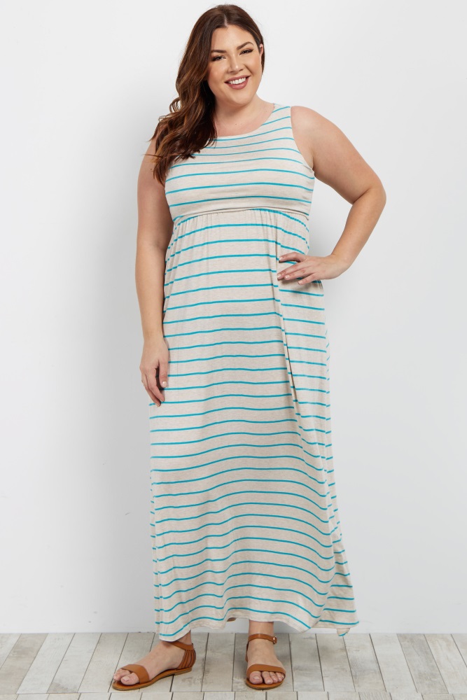 Striped sleeveless plus maxi dress. Rounded neckline. Top double lined to prevent sheerness.