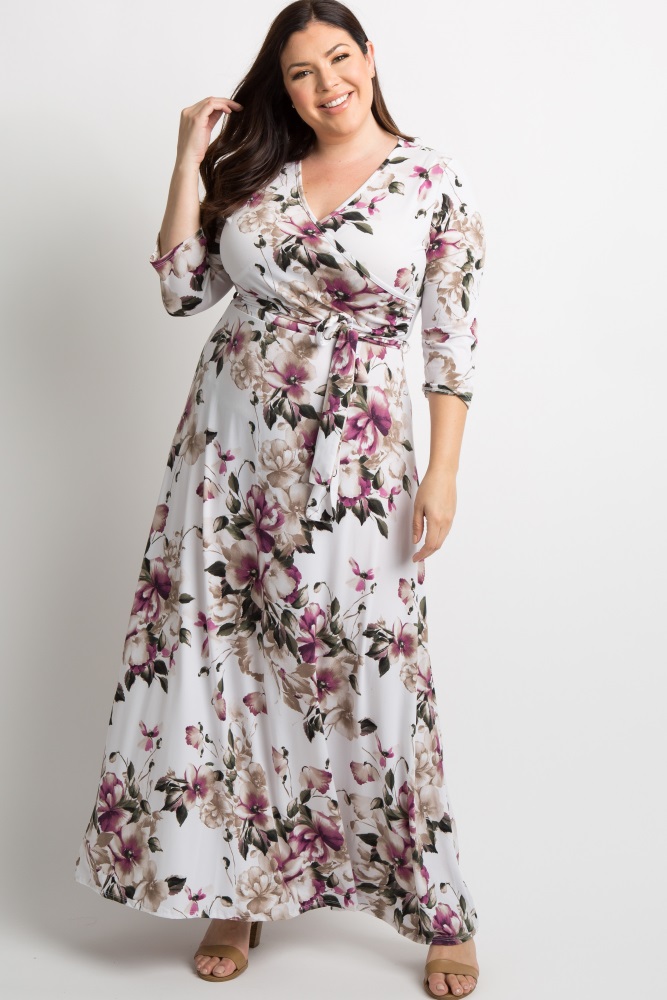 Plus Size Artistic Floral on White Double Layer Sleeveless Dress 18-32