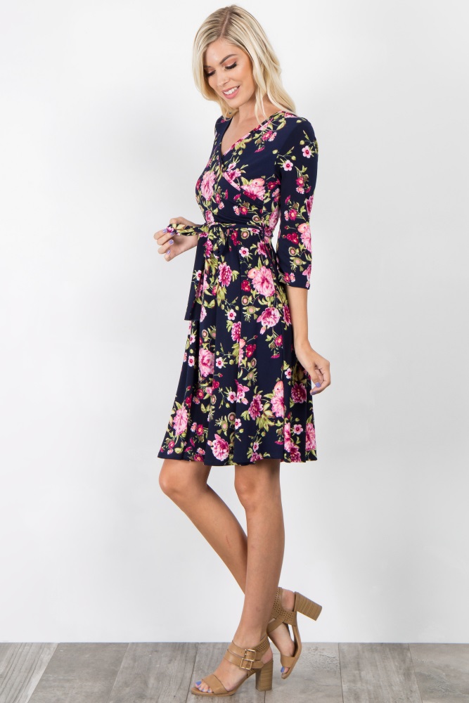 navy and pink wrap dress