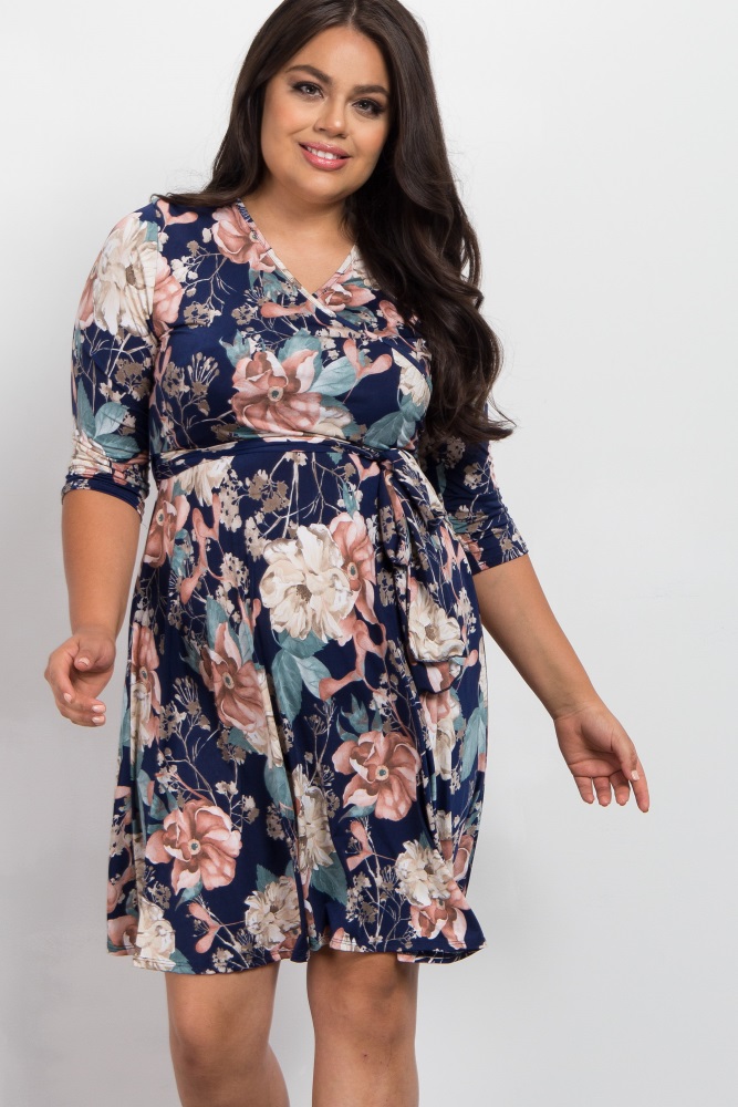 navy floral print wrap dress